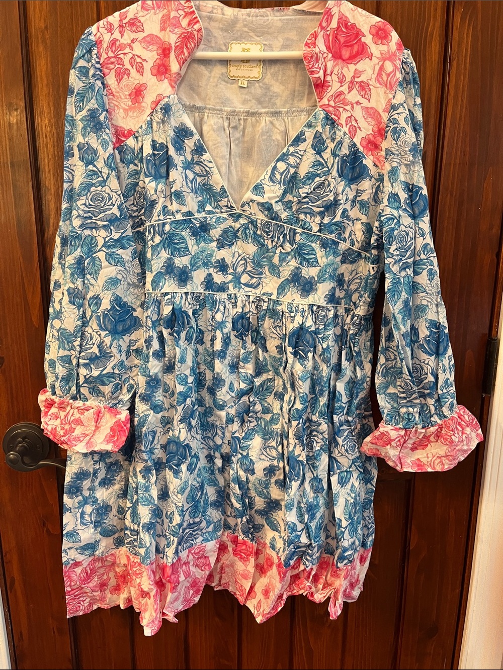 Simply Southern Blue Floral Tiered Dress with Pink Contrast